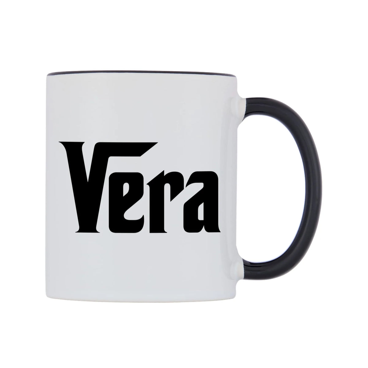 Vera - Godfather Themed Mug — white 11oz gloss mug with a black inside and handle, left side, on a white background