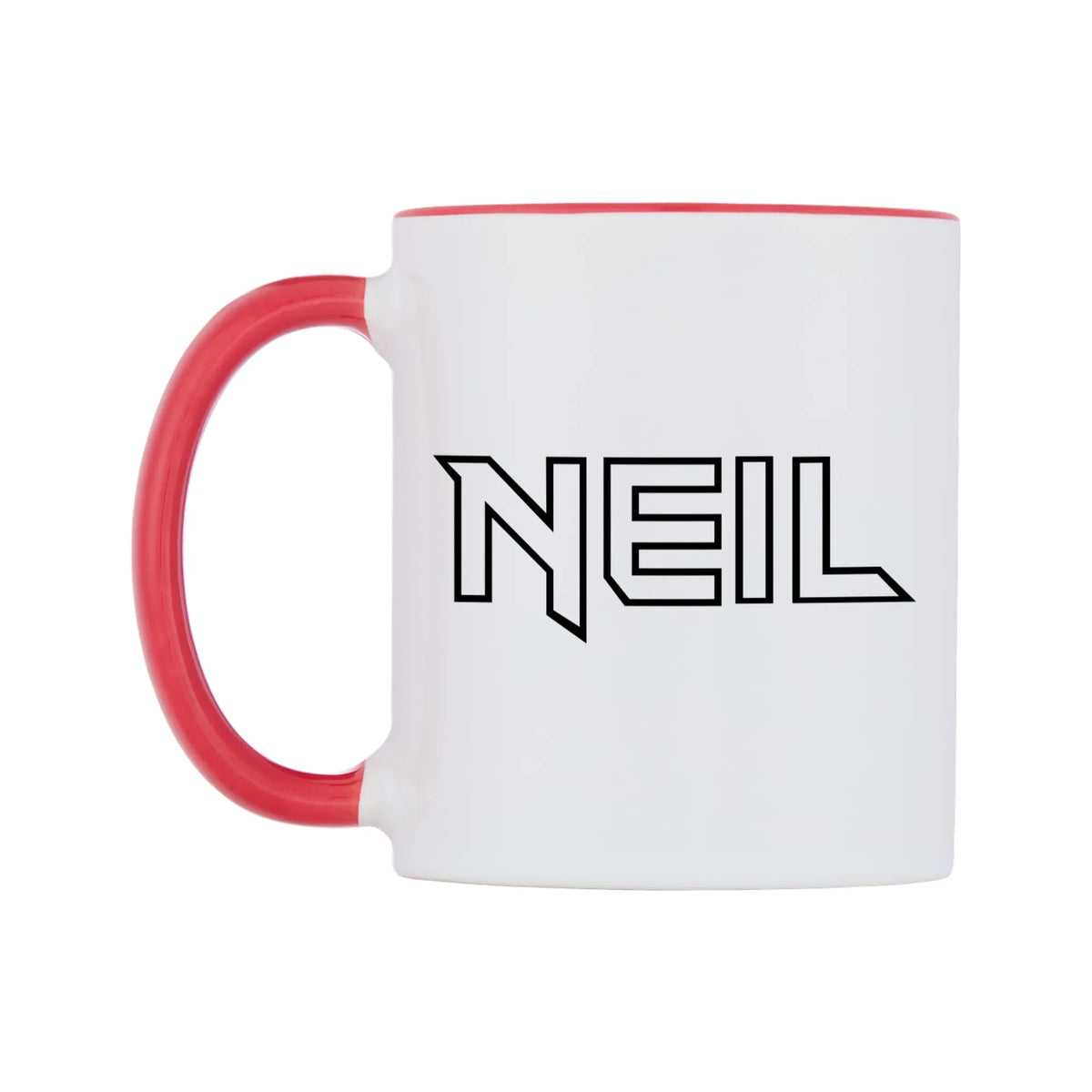 Neil - Iron Maiden Themed Mug — white 11oz gloss mug with a red inside and handle, right side, on a white background