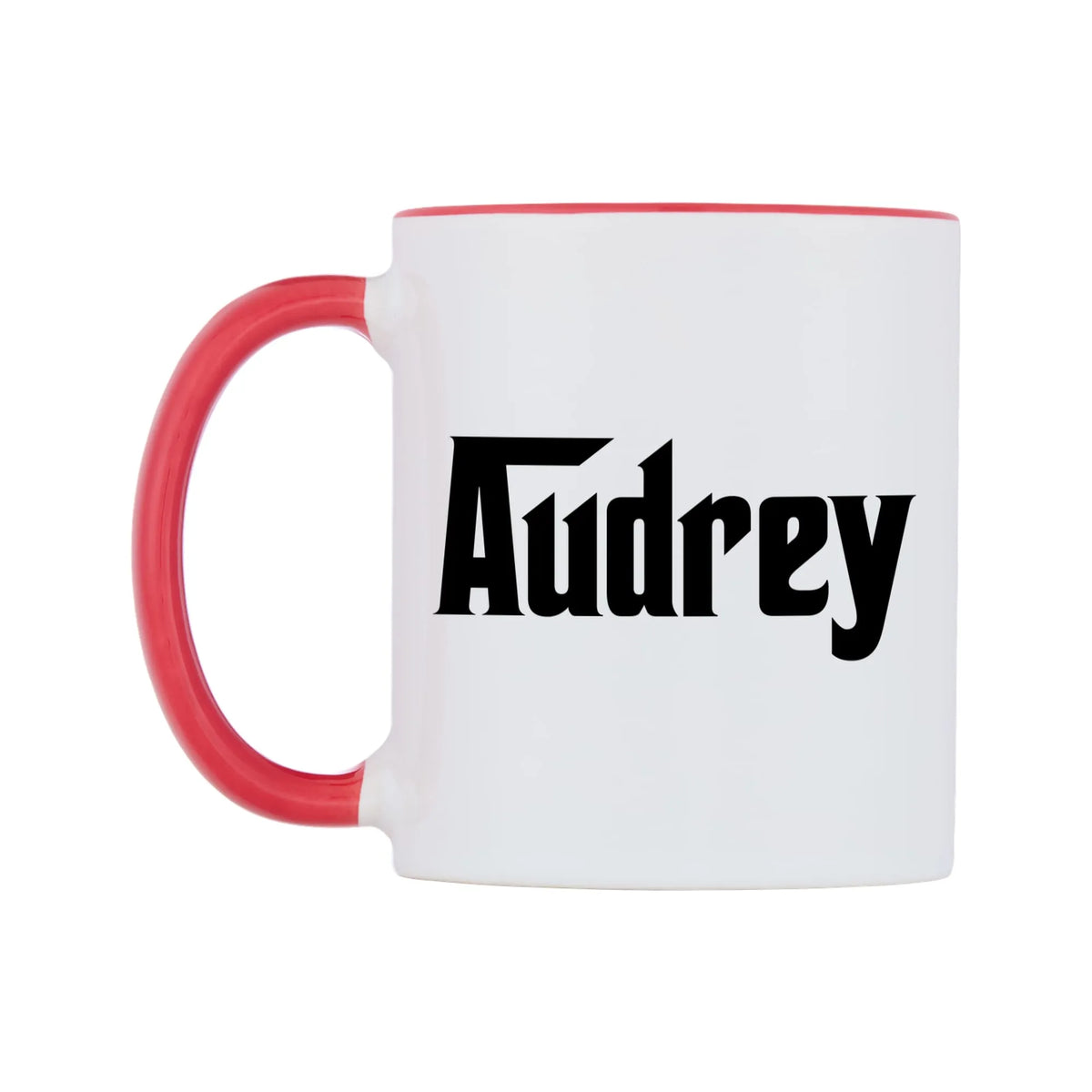 Audrey - Godfather Themed Mug — white 11oz gloss mug with a red inside and handle, right side, on a white background