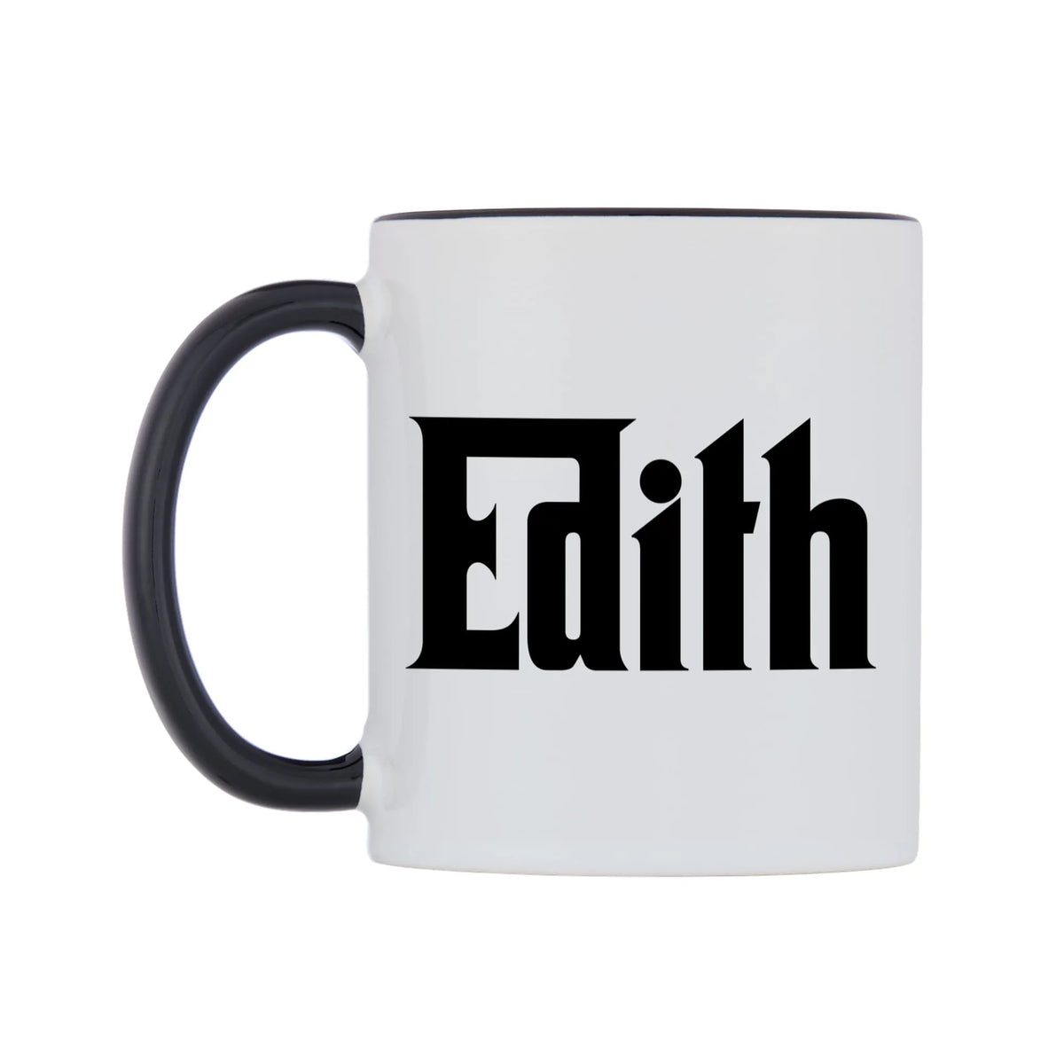 Edith - Godfather Themed Mug — white 11oz gloss mug with a black inside and handle, right side, on a white background