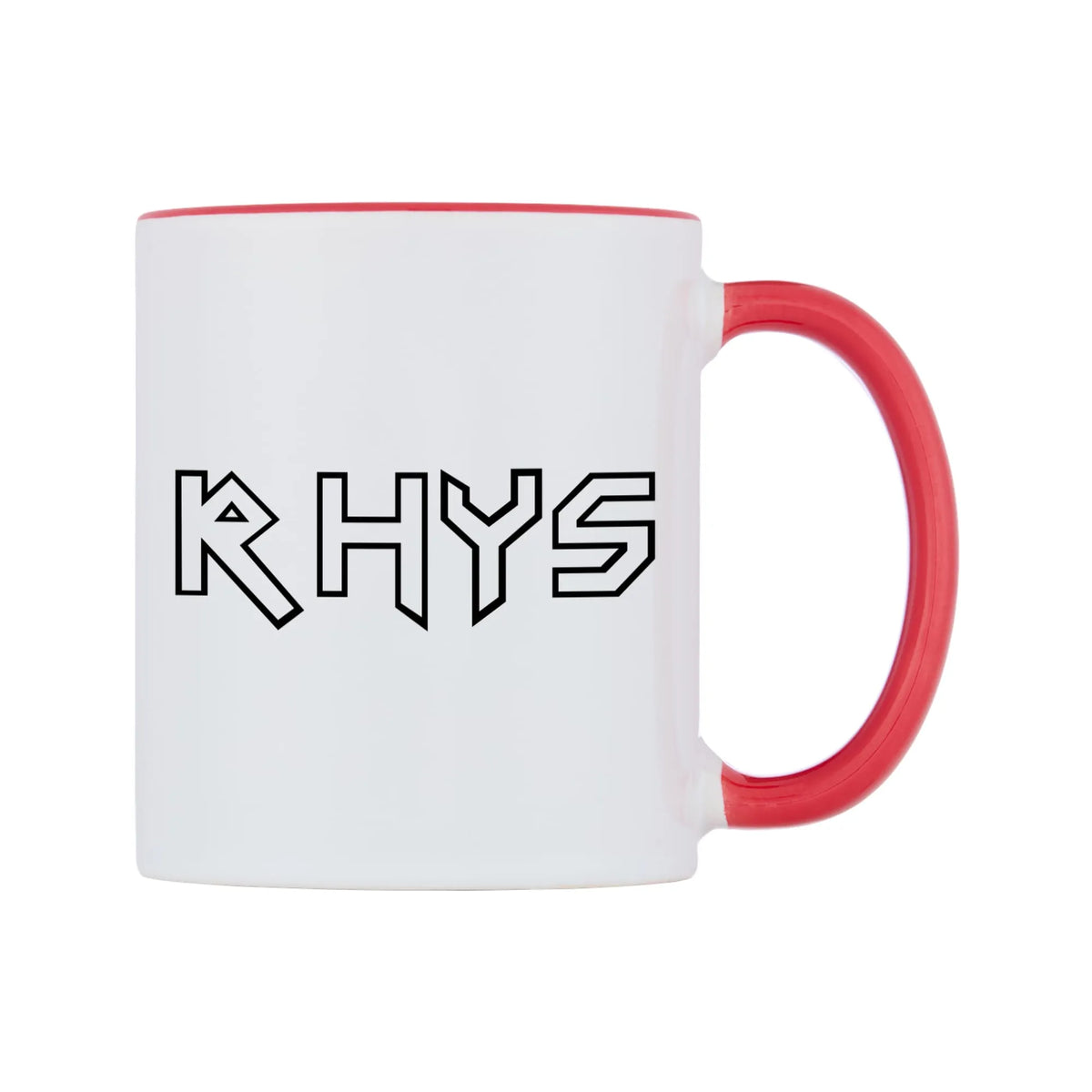 Rhys - Iron Maiden Themed Mug — white 11oz gloss mug with a red inside and handle, left side, on a white background