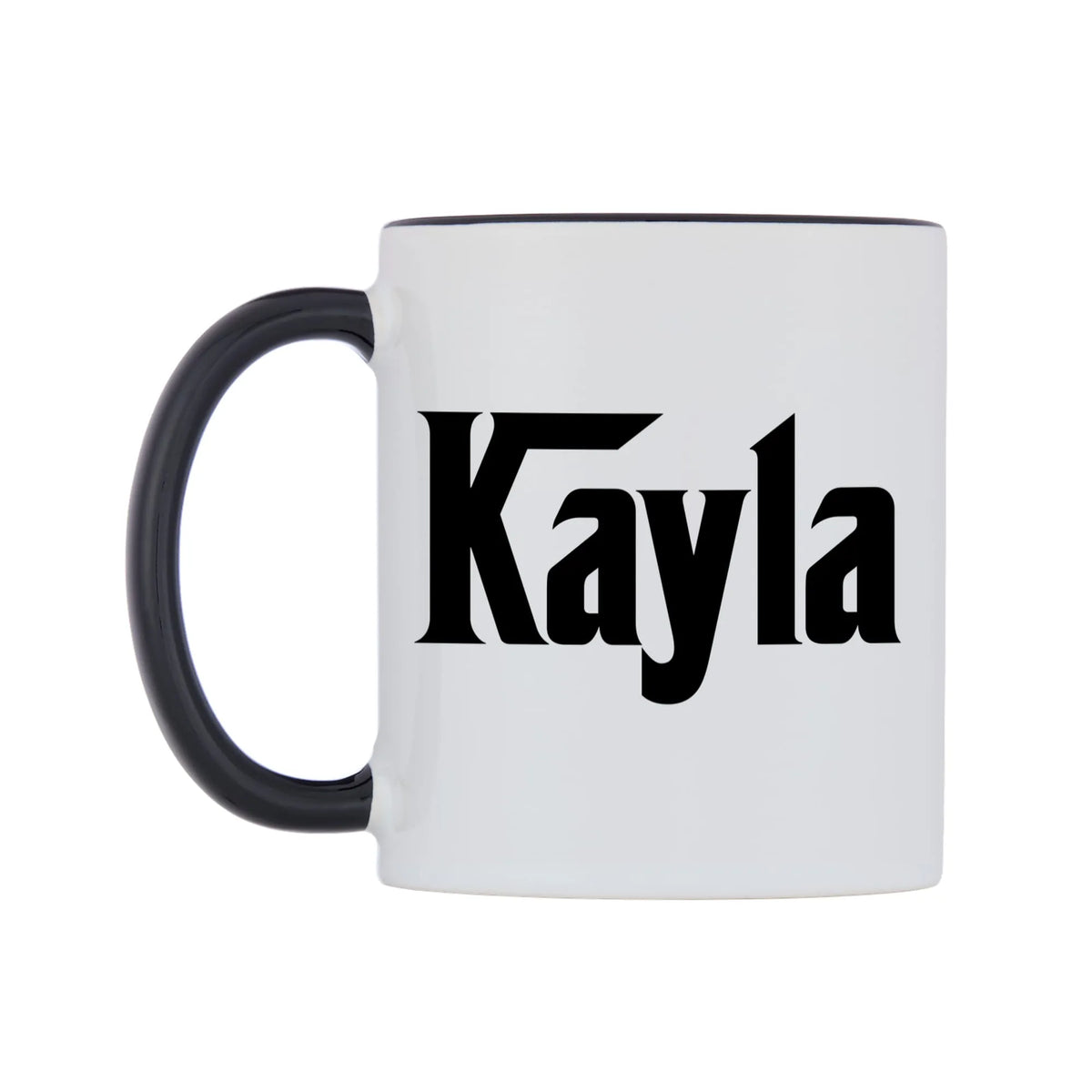 Kayla - Godfather Themed Mug — white 11oz gloss mug with a black inside and handle, right side, on a white background