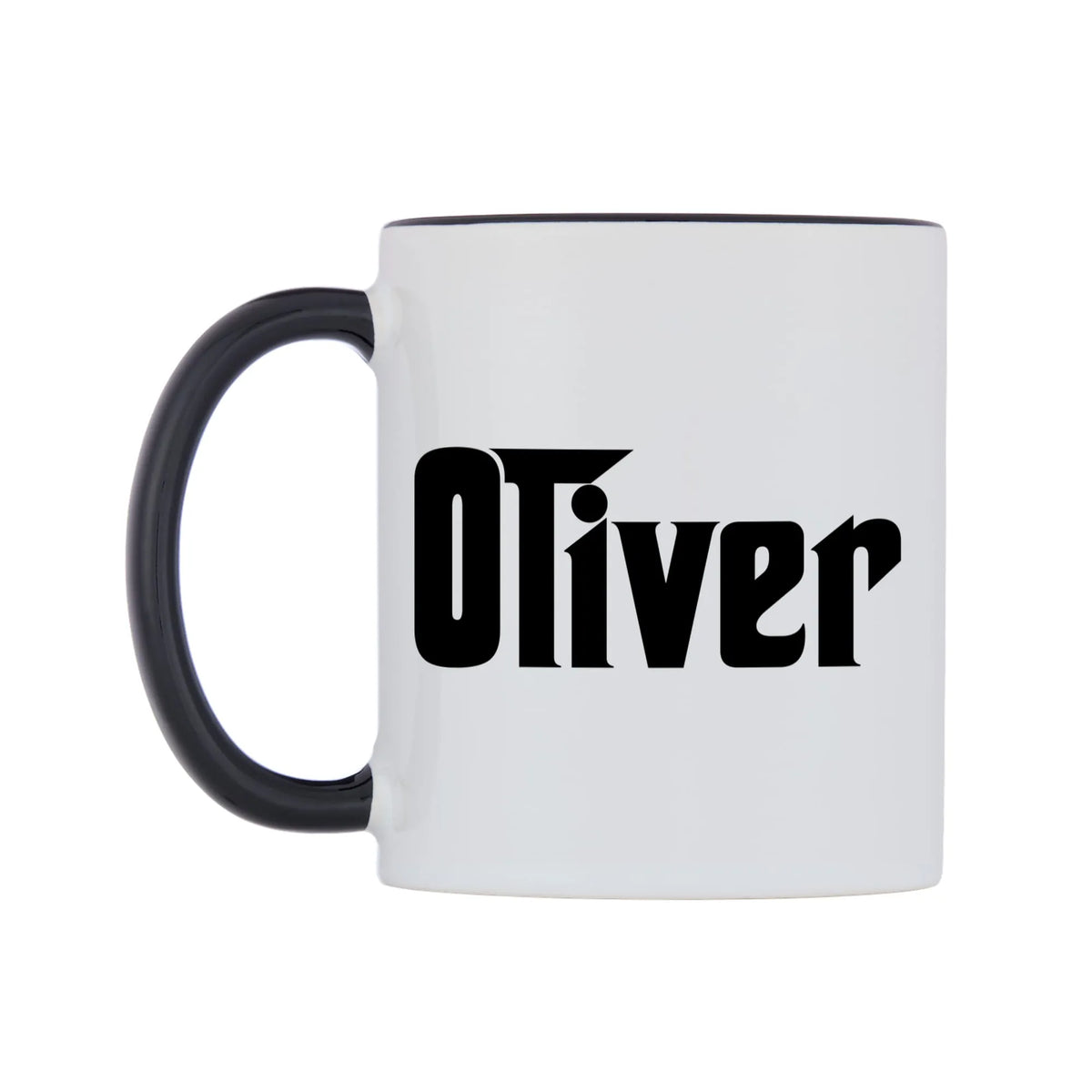 Oliver - Godfather Themed Mug — white 11oz gloss mug with a black inside and handle, right side, on a white background