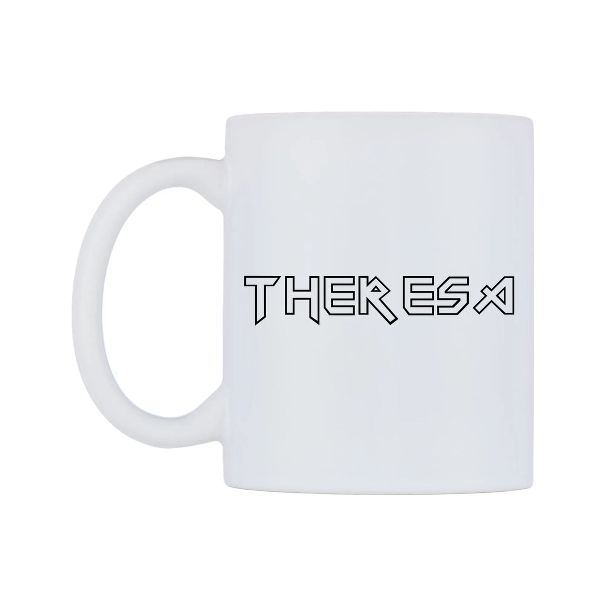 Theresa - Iron Maiden Themed Mug — white 11oz gloss mug, right side, on a white background