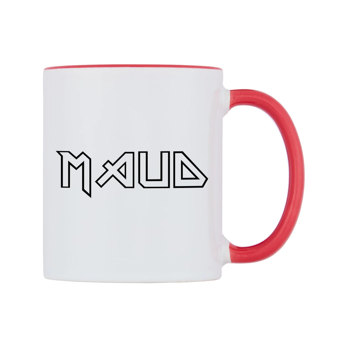 Maud - Iron Maiden Themed Mug — white 11oz gloss mug with a red inside and handle, left side, on a white background