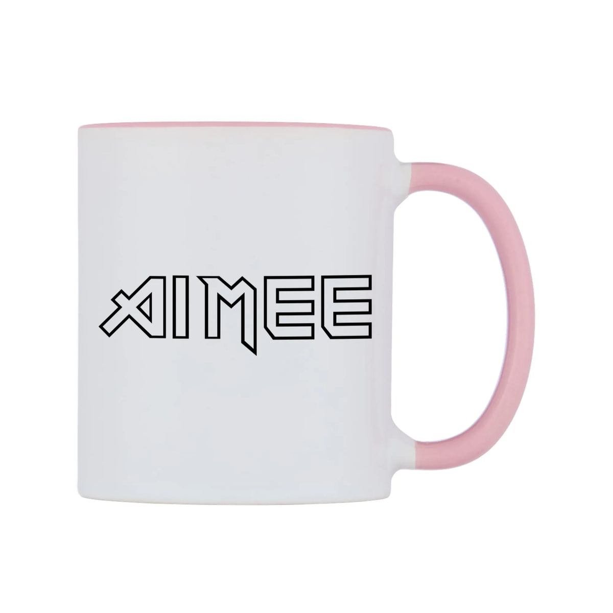 Aimee - Iron Maiden Themed Mug — white 11oz gloss mug with a pink inside and handle, left side, on a white background