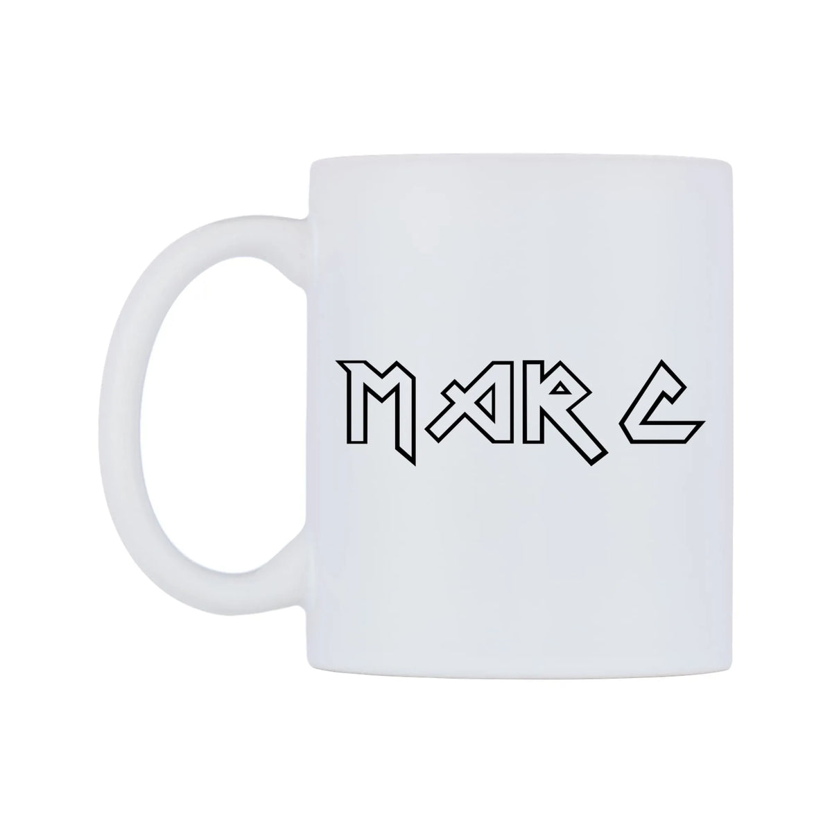 Marc - Iron Maiden Themed Mug — white 11oz gloss mug, right side, on a white background