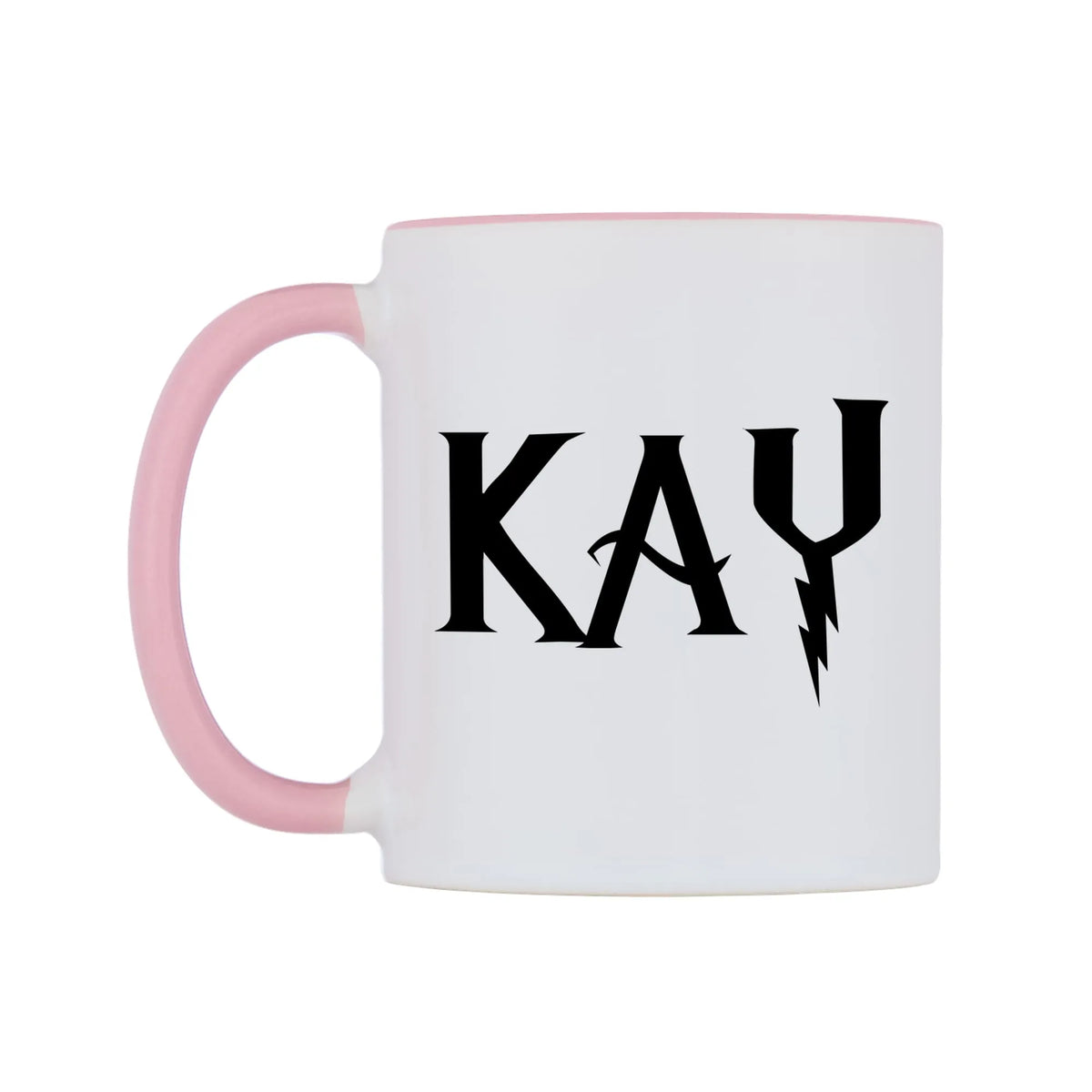 Kay - Wizard Themed Mug — white 11oz gloss mug with a pink inside and handle, right side, on a white background