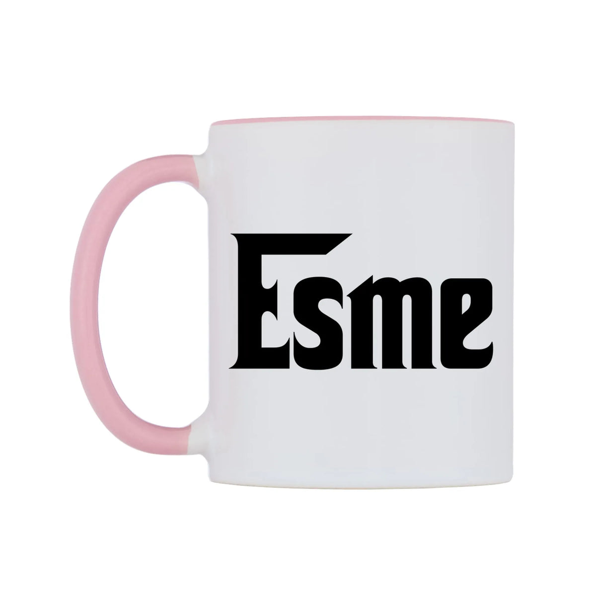 Esme - Godfather Themed Mug — white 11oz gloss mug with a pink inside and handle, right side, on a white background