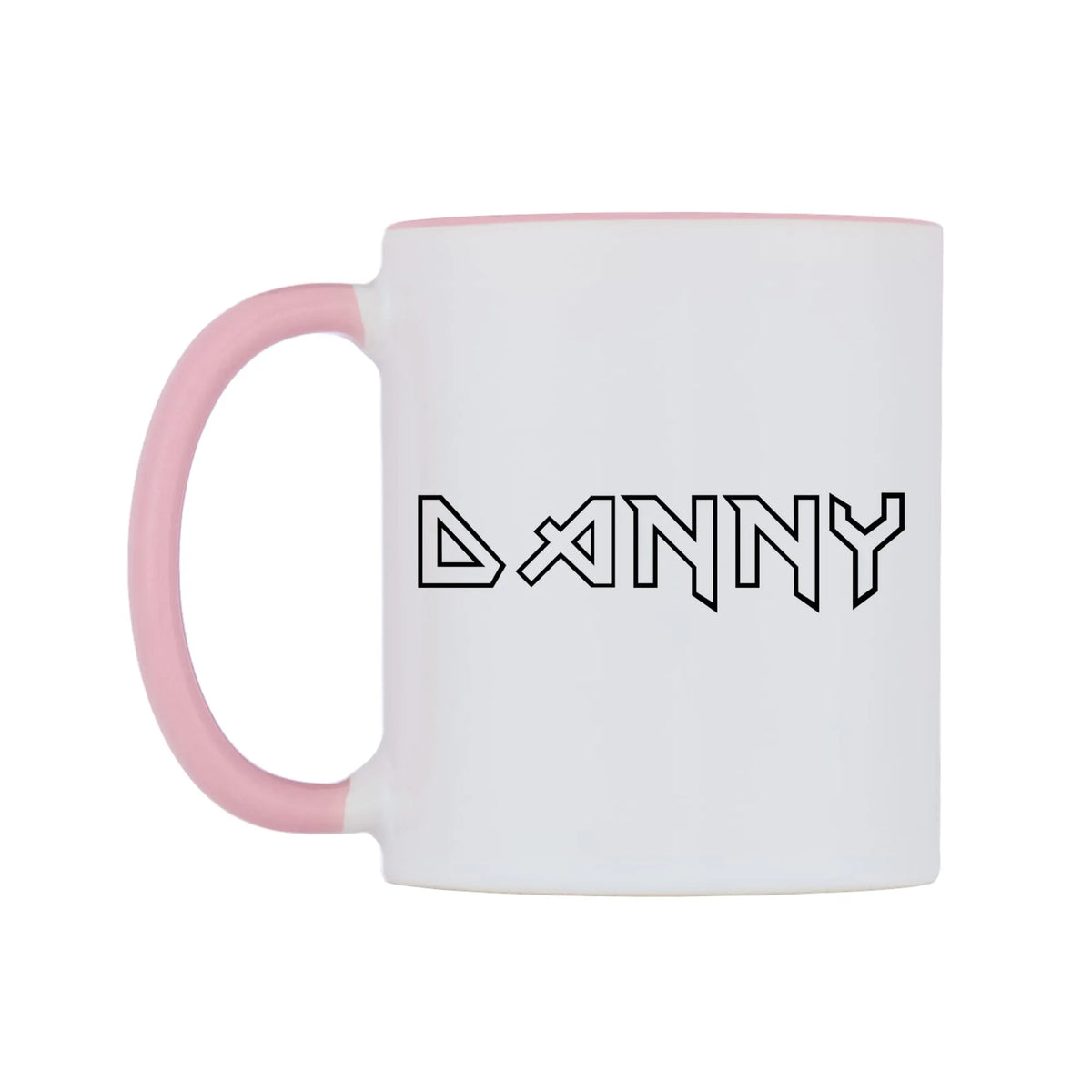 Danny - Iron Maiden Themed Mug — white 11oz gloss mug with a pink inside and handle, right side, on a white background
