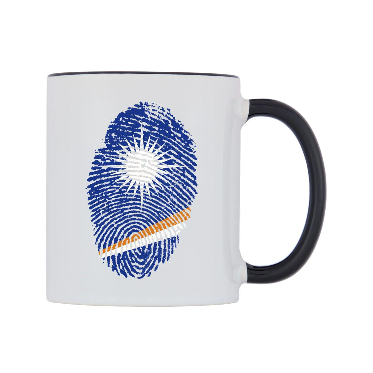 Marshall Islands Finger Print Flag Mug — white 11oz gloss mug with a black inside and handle, left side, on a white background