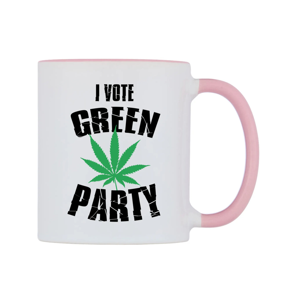 I Vote Green Party Mug — white 11oz gloss mug with a pink inside and handle, left side, on a white background