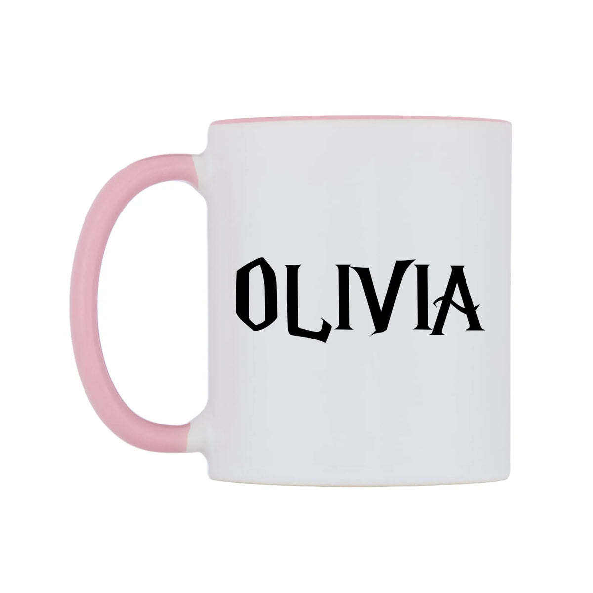 Olivia - Wizard Themed Mug — white 11oz gloss mug with a pink inside and handle, right side, on a white background