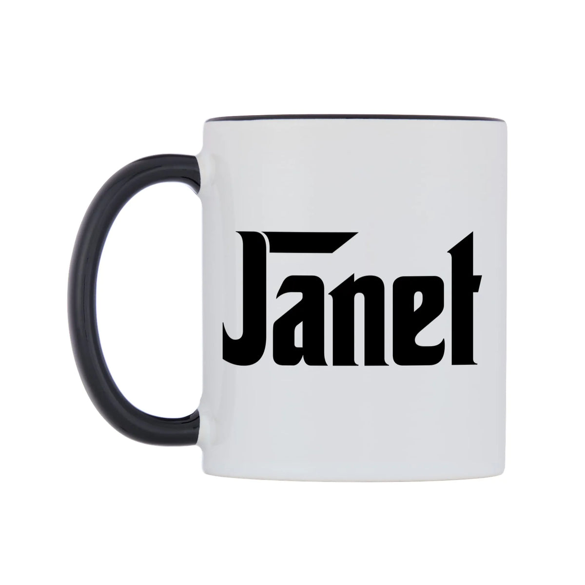 Janet - Godfather Themed Mug — white 11oz gloss mug with a black inside and handle, right side, on a white background