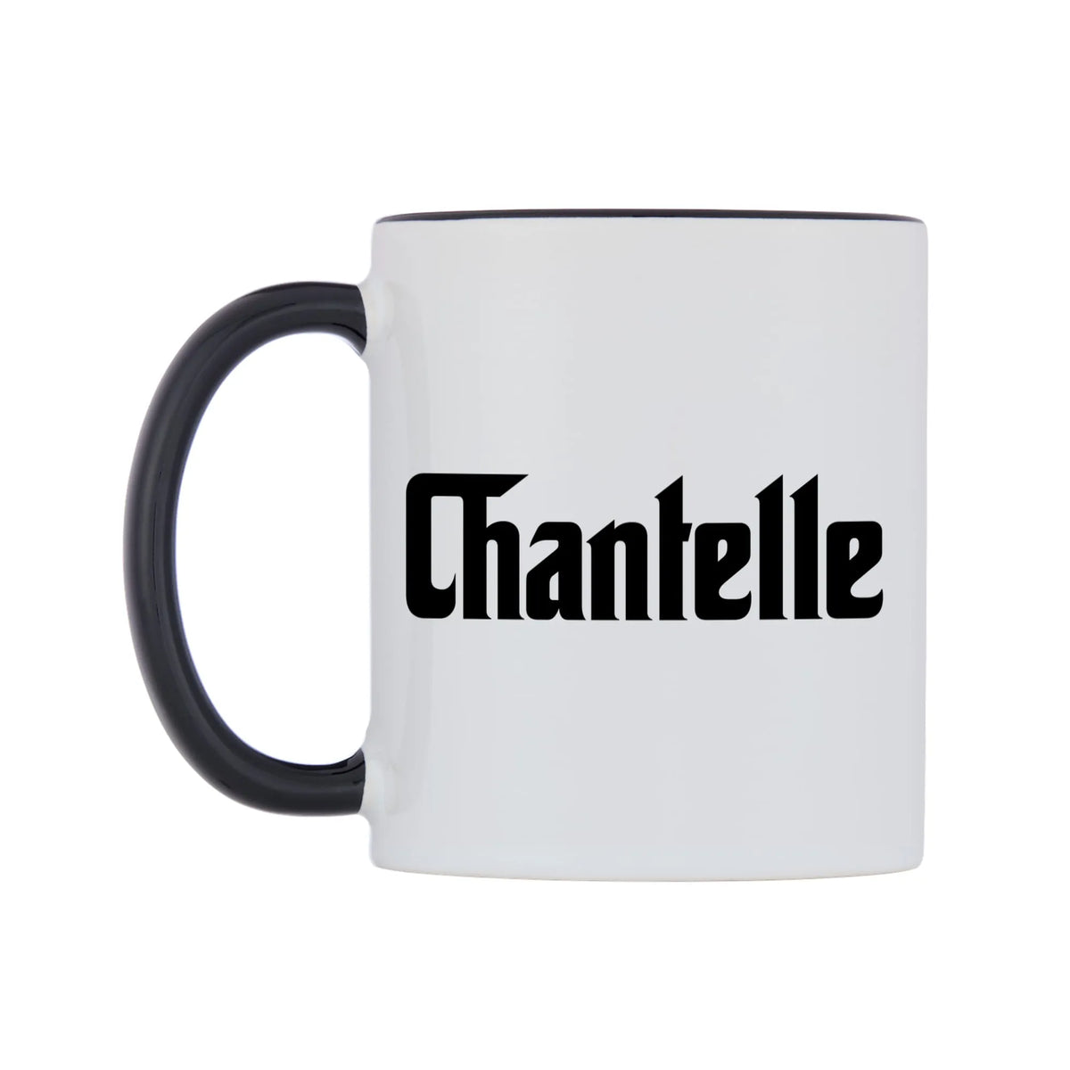 Chantelle - Godfather Themed Mug — white 11oz gloss mug with a black inside and handle, right side, on a white background