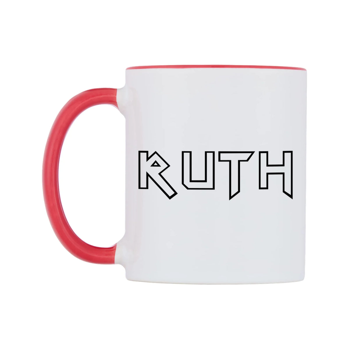 Ruth - Iron Maiden Themed Mug — white 11oz gloss mug with a red inside and handle, right side, on a white background
