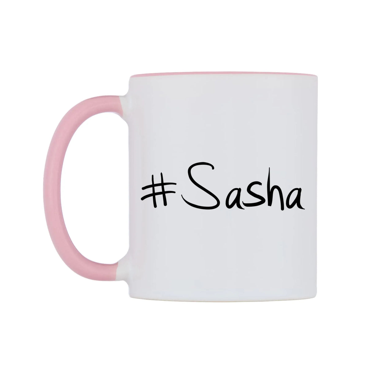 Sasha Mug — white 11oz gloss mug with a pink inside and handle, right side, on a white background