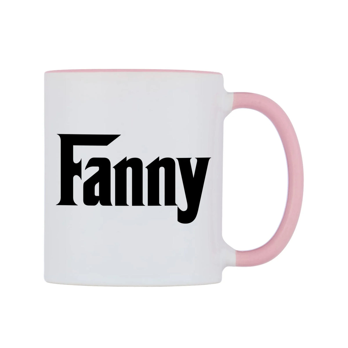 Fanny - Godfather Themed Mug — white 11oz gloss mug with a pink inside and handle, left side, on a white background