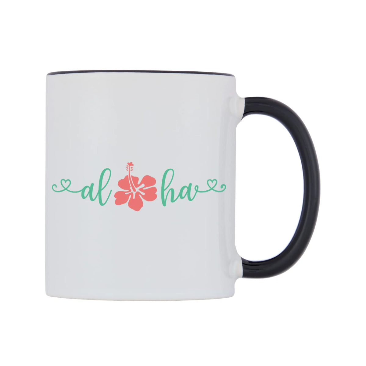 Aloha Mug — white 11oz gloss mug with a black inside and handle, left side, on a white background