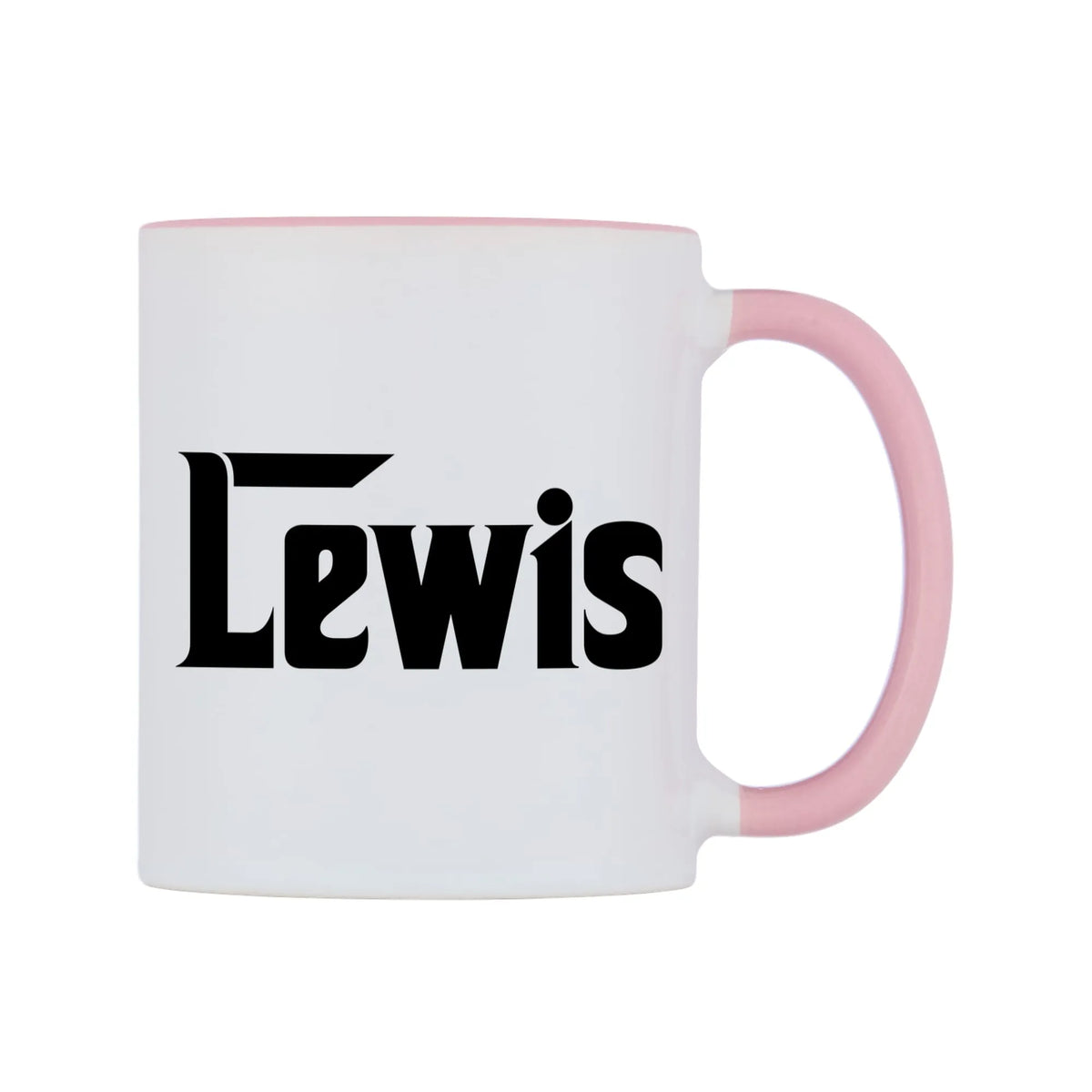 Lewis - Godfather Themed Mug — white 11oz gloss mug with a pink inside and handle, left side, on a white background