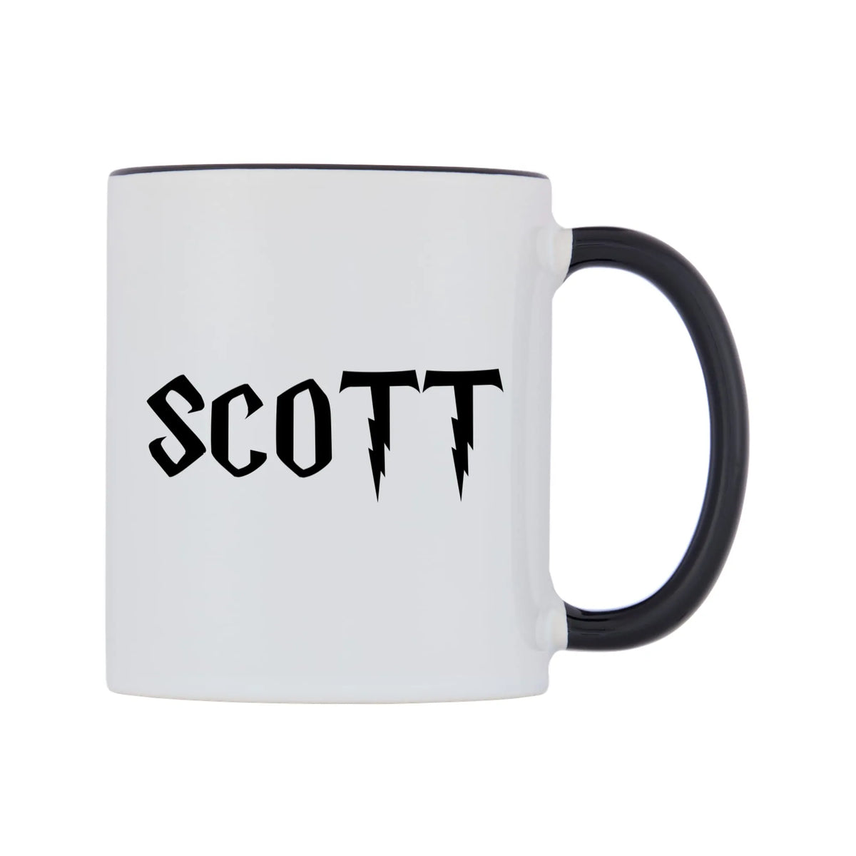 Scott - Wizard Themed Mug — white 11oz gloss mug with a black inside and handle, left side, on a white background