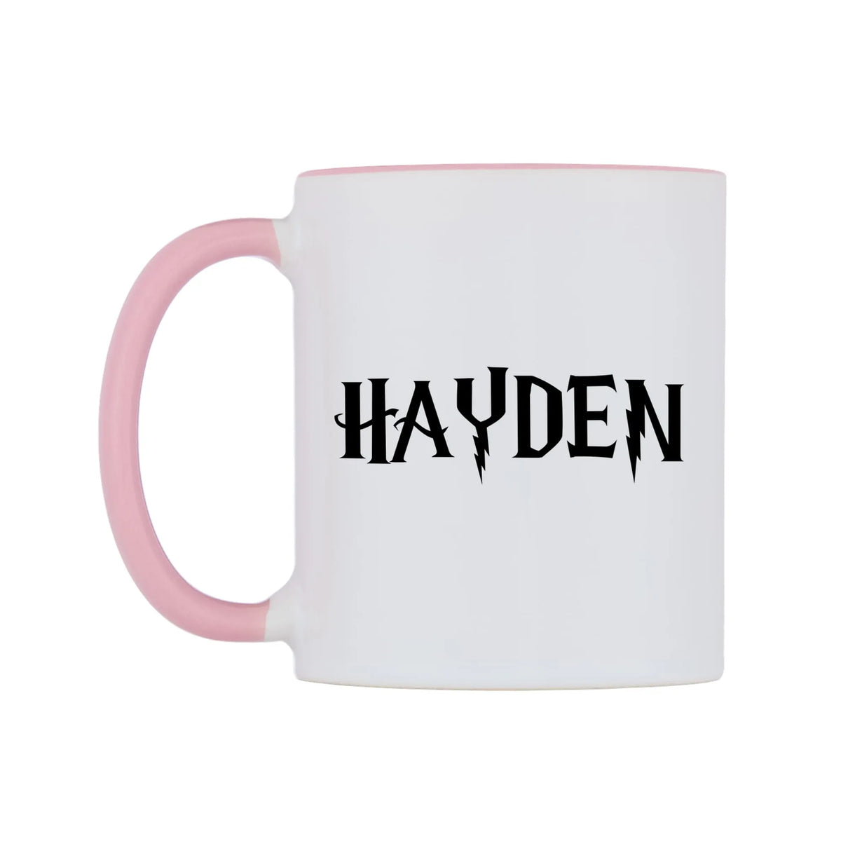Hayden - Wizard Themed Mug — white 11oz gloss mug with a pink inside and handle, right side, on a white background