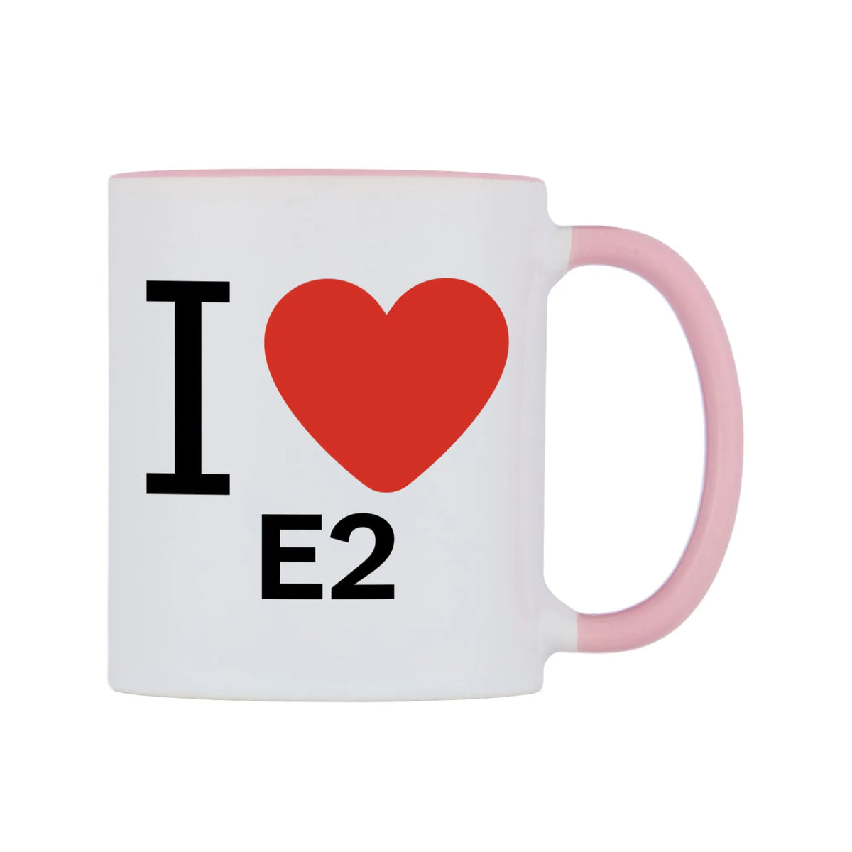 I Love E2 Mug — white 11oz gloss mug with a pink inside and handle, left side, on a white background
