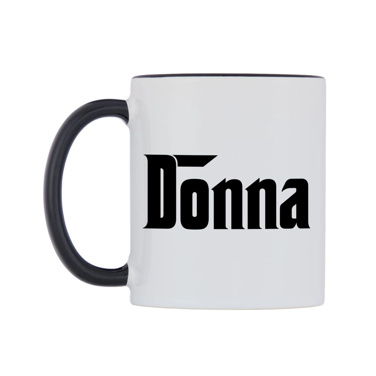 Donna - Godfather Themed Mug — white 11oz gloss mug with a black inside and handle, right side, on a white background