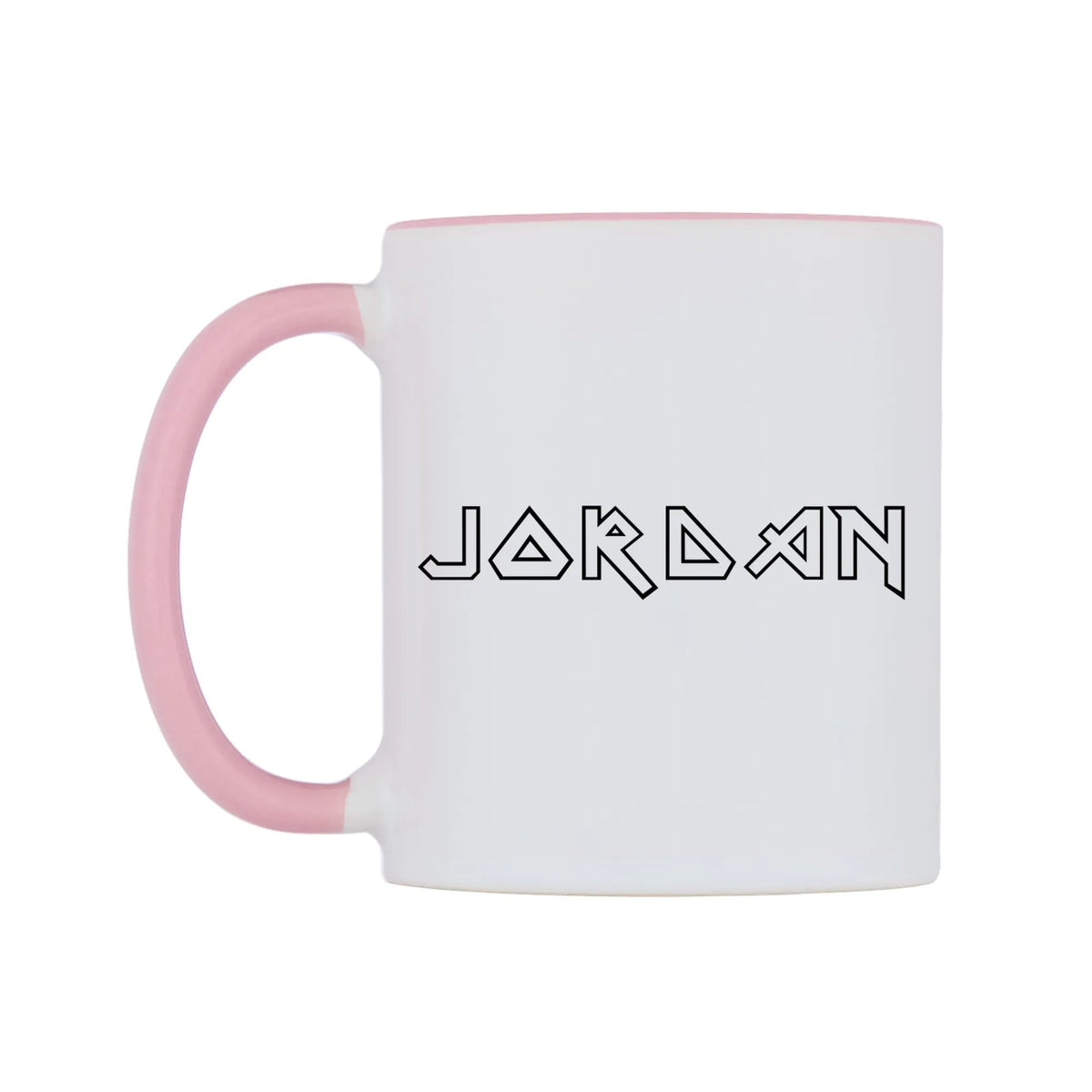 Jordan - Iron Maiden Themed Mug — white 11oz gloss mug with a pink inside and handle, right side, on a white background