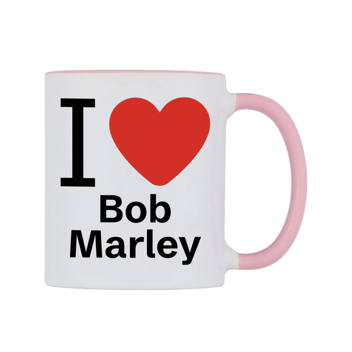 Bob Marley Mug — white 11oz gloss mug with a pink inside and handle, left side, on a white background
