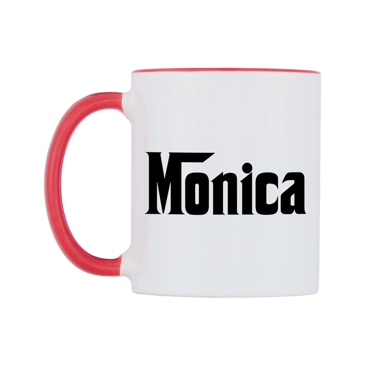 Monica - Godfather Themed Mug — white 11oz gloss mug with a red inside and handle, right side, on a white background