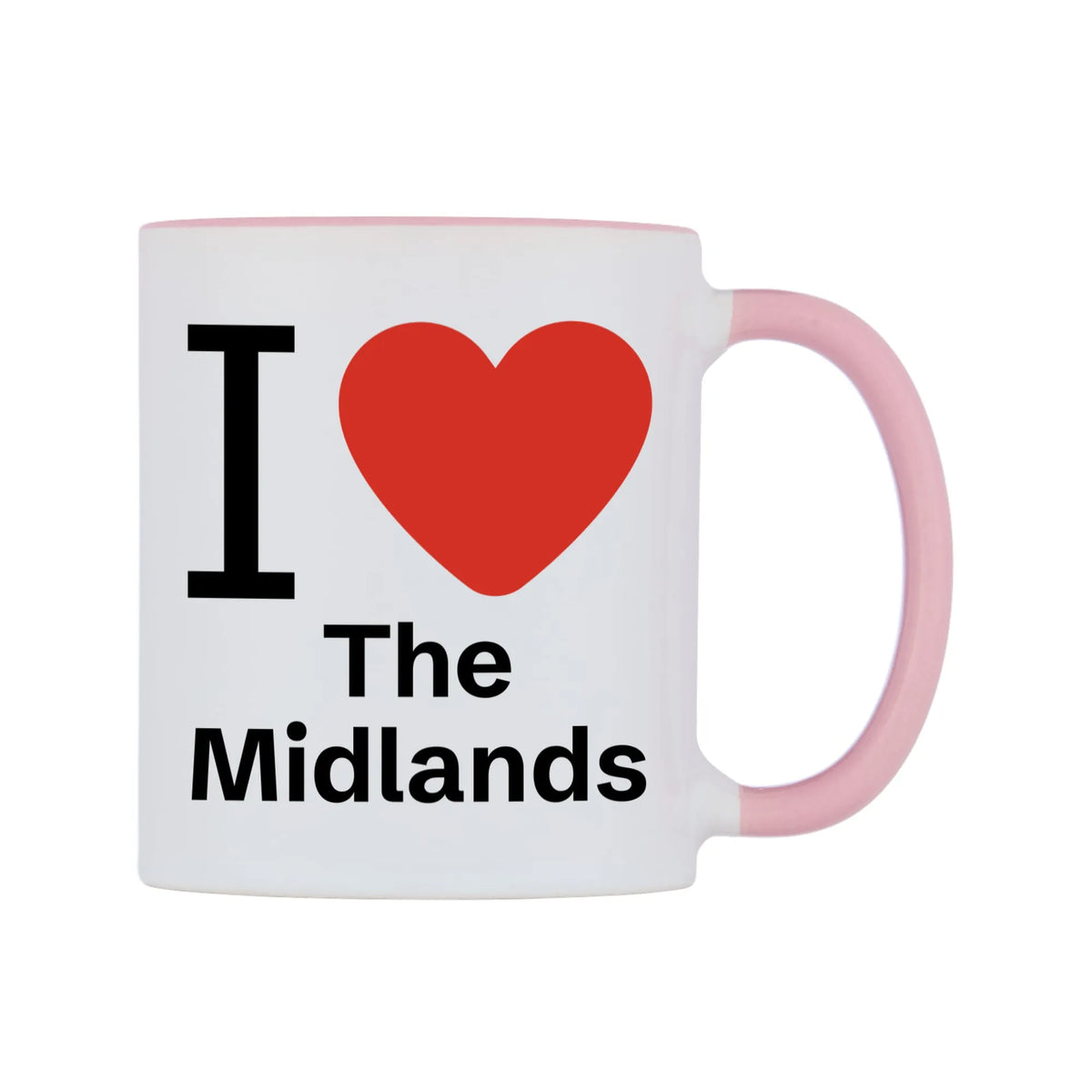 I Love The Midlands Mug — white 11oz gloss mug with a pink inside and handle, left side, on a white background