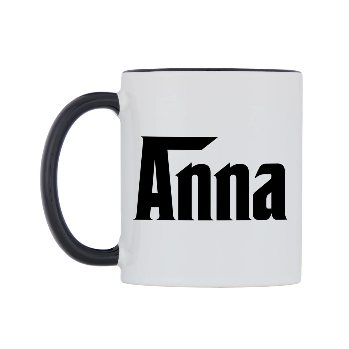 Anna - Godfather Themed Mug — white 11oz gloss mug with a black inside and handle, right side, on a white background