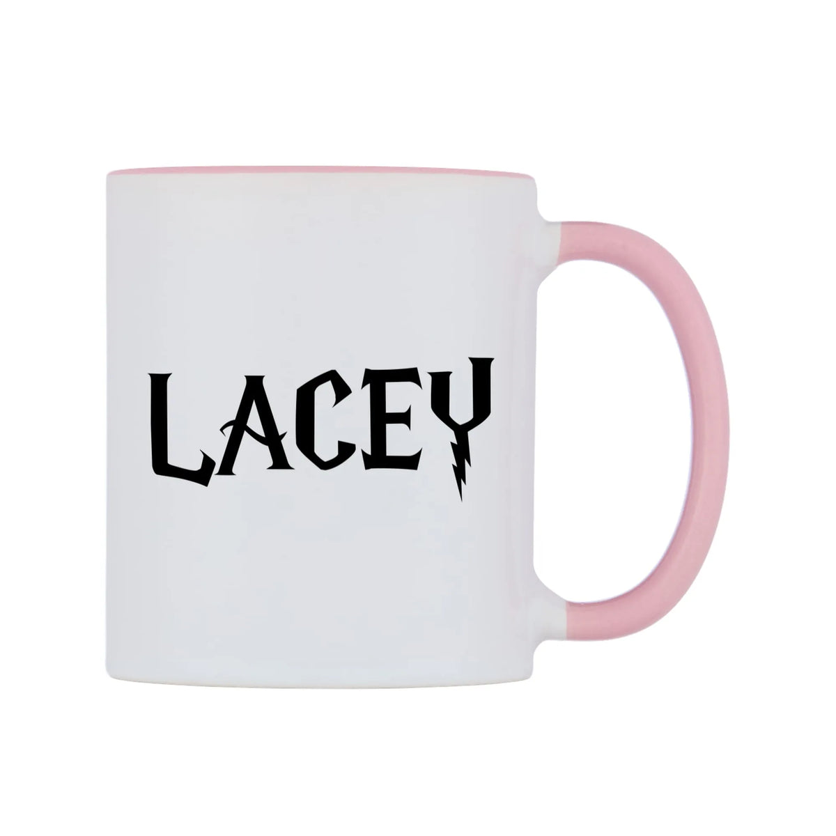 Lacey - Wizard Themed Mug — white 11oz gloss mug with a pink inside and handle, left side, on a white background
