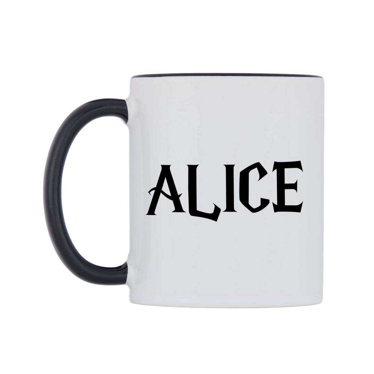 Alice - Wizard Themed Mug — white 11oz gloss mug with a black inside and handle, right side, on a white background