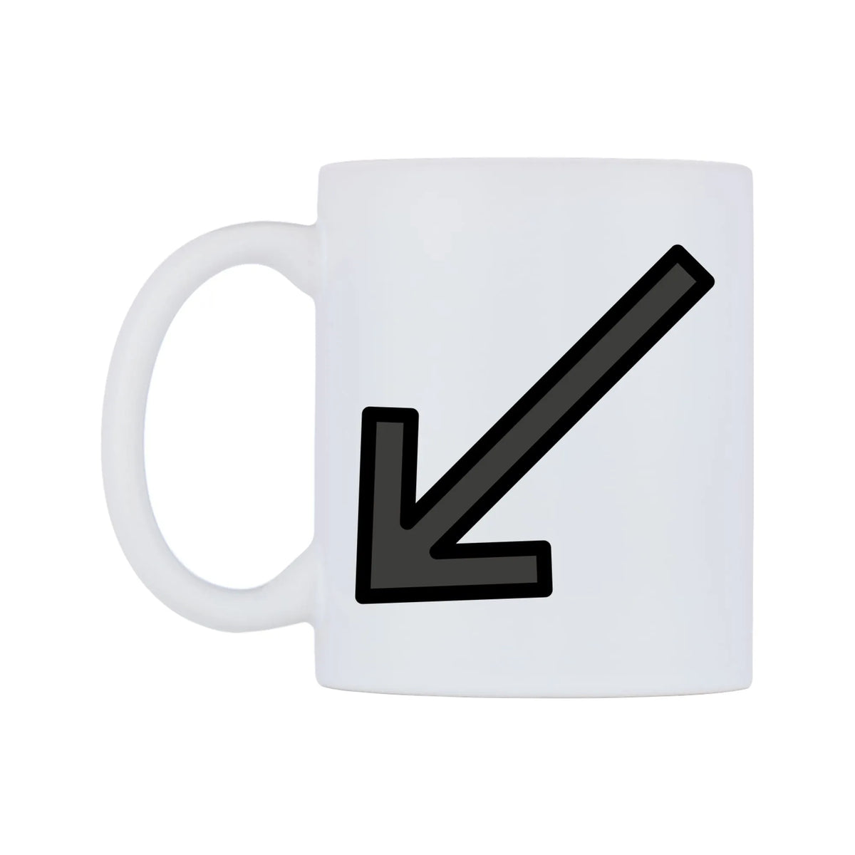 Down-Left Arrow Emoji Mug — mug, right side, on a white background