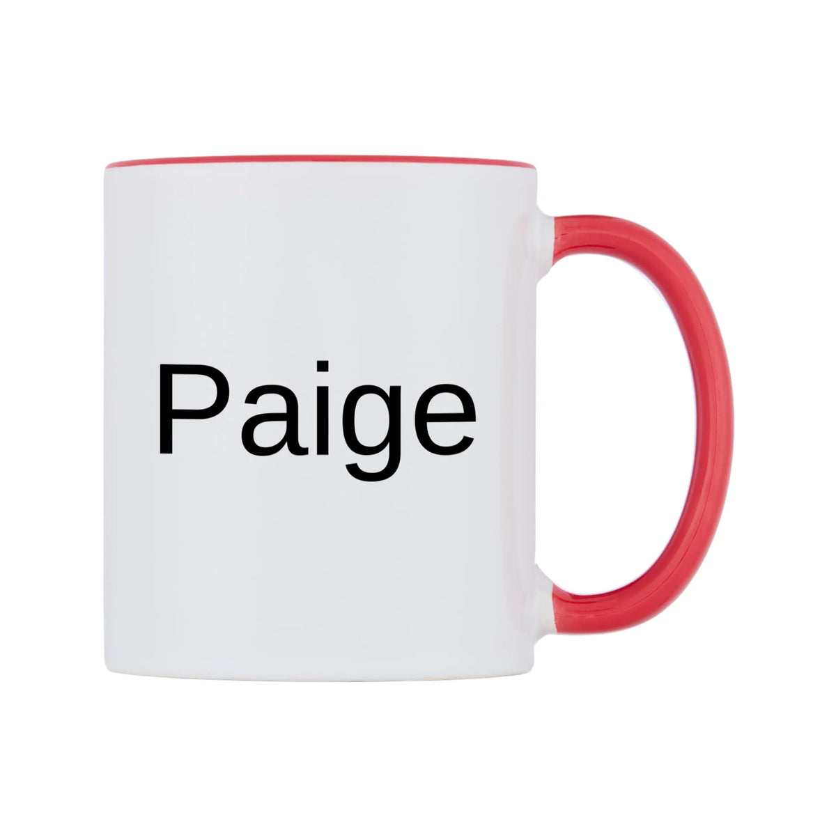 Paige Mug — white 11oz gloss mug with a red inside and handle, left side, on a white background