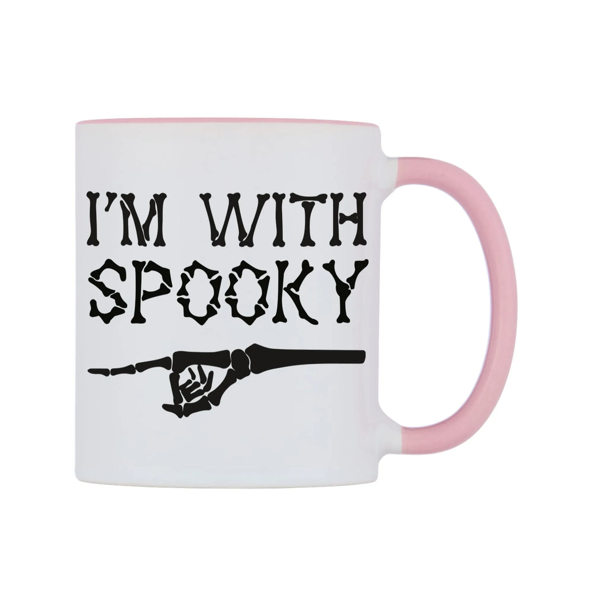 I'm With Spooky Mug — white 11oz gloss mug with a pink inside and handle, left side, on a white background
