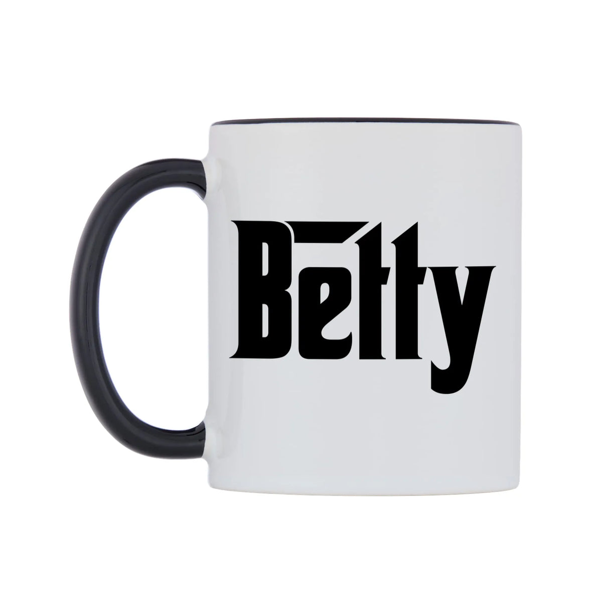 Betty - Godfather Themed Mug — white 11oz gloss mug with a black inside and handle, right side, on a white background