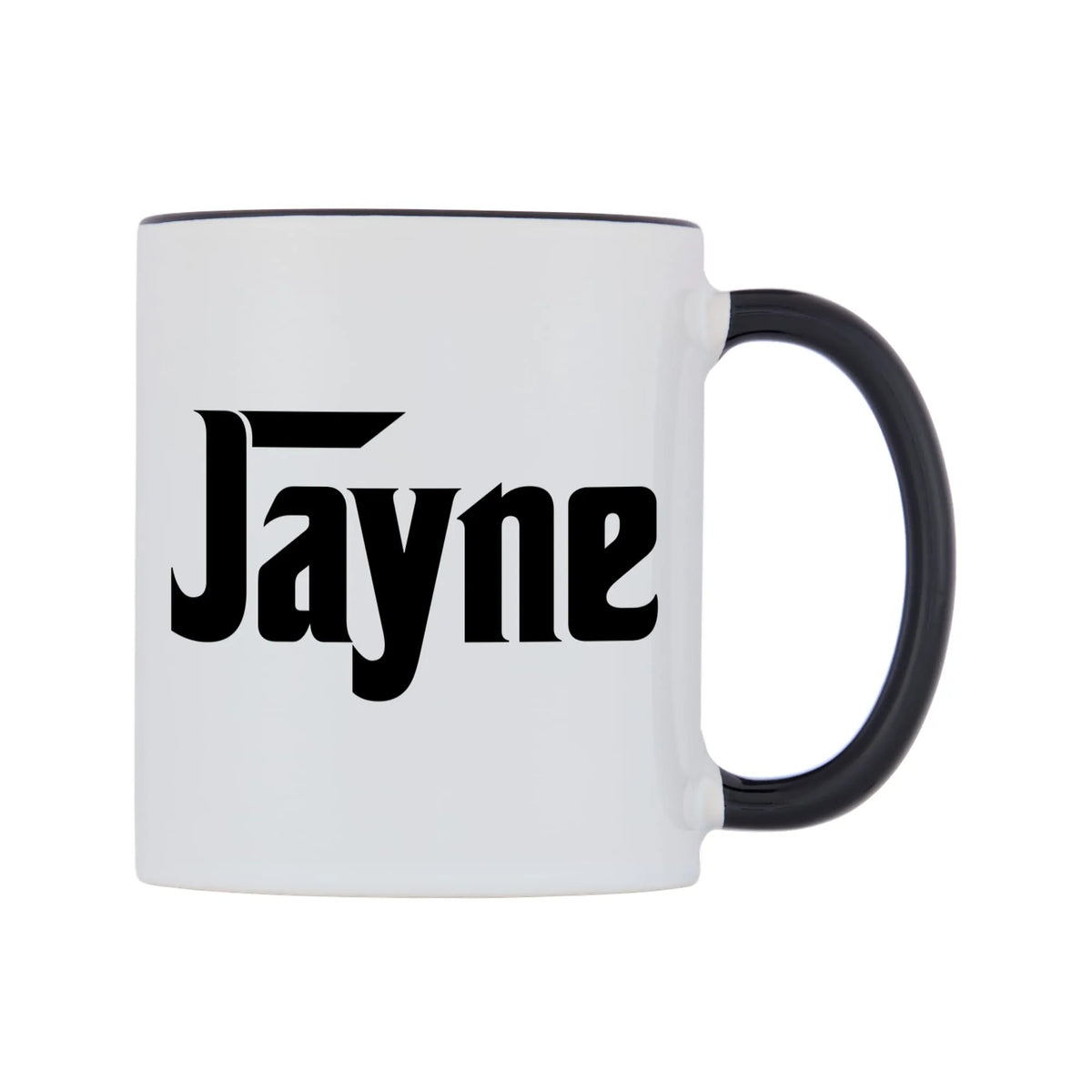 Jayne - Godfather Themed Mug — white 11oz gloss mug with a black inside and handle, left side, on a white background