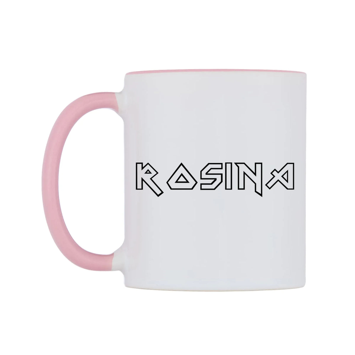 Rosina - Iron Maiden Themed Mug — white 11oz gloss mug with a pink inside and handle, right side, on a white background