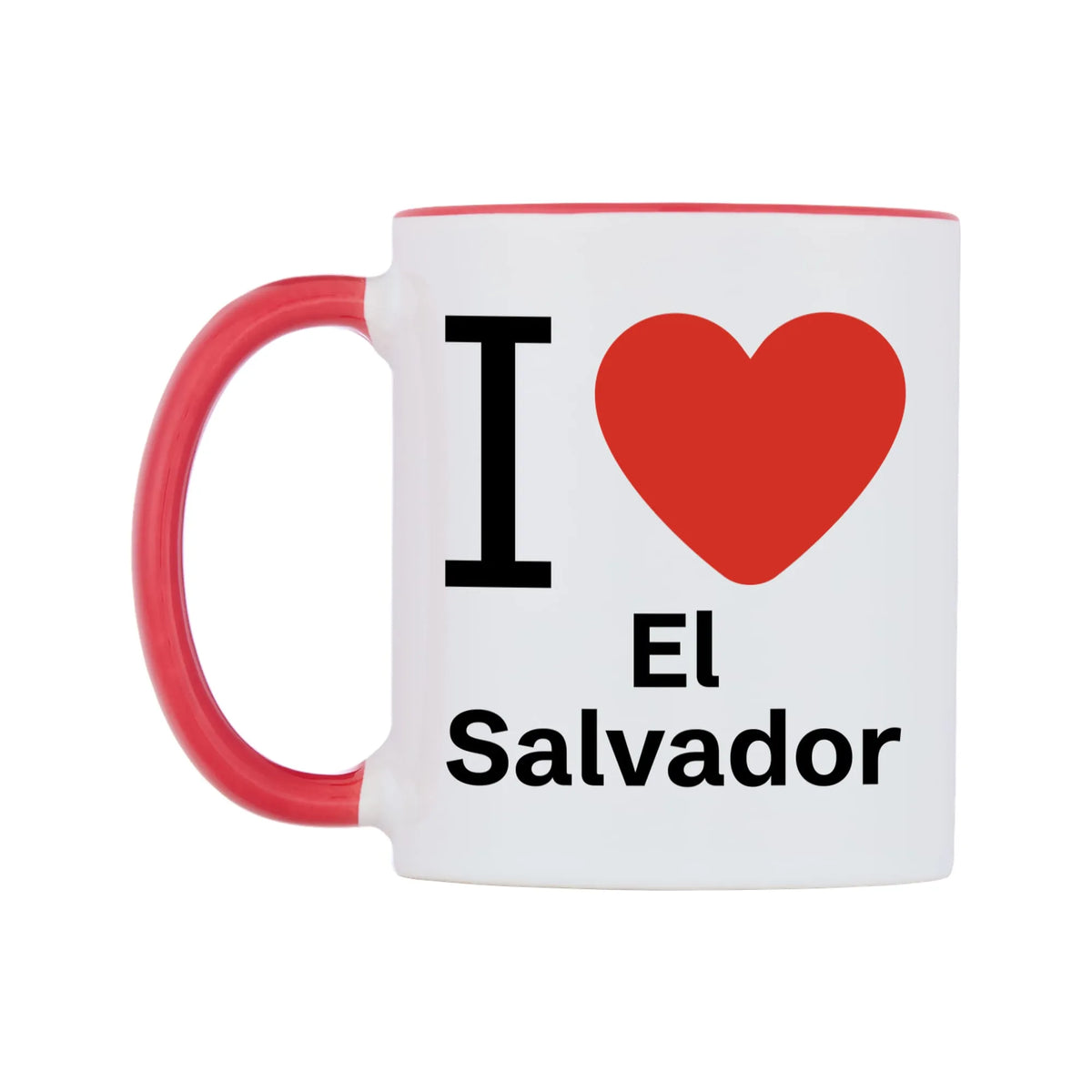 I Love El Salvador Mug — white 11oz gloss mug with a red inside and handle, right side, on a white background