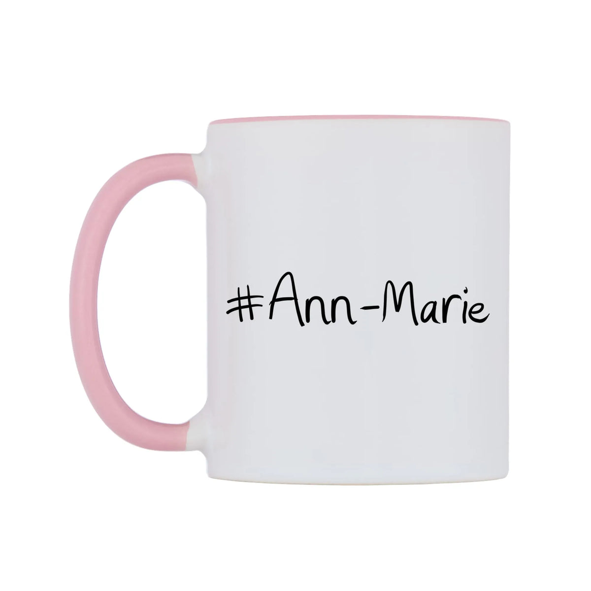 Ann-Marie Mug — white 11oz gloss mug with a pink inside and handle, right side, on a white background