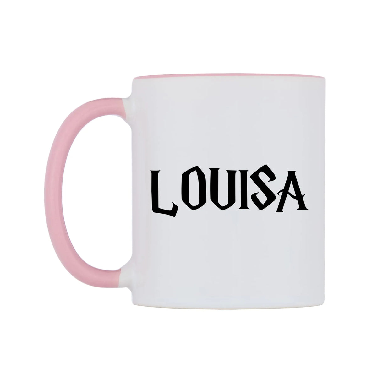 Louisa - Wizard Themed Mug — white 11oz gloss mug with a pink inside and handle, right side, on a white background