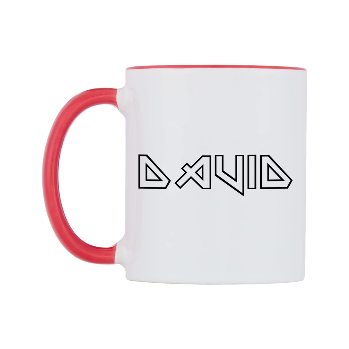 David - Iron Maiden Themed Mug — white 11oz gloss mug with a red inside and handle, right side, on a white background
