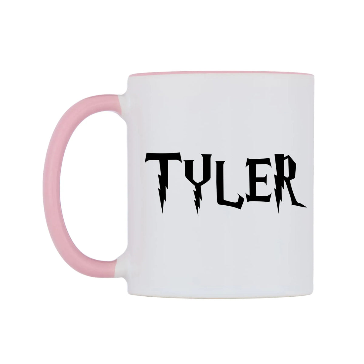 Tyler - Wizard Themed Mug — white 11oz gloss mug with a pink inside and handle, right side, on a white background