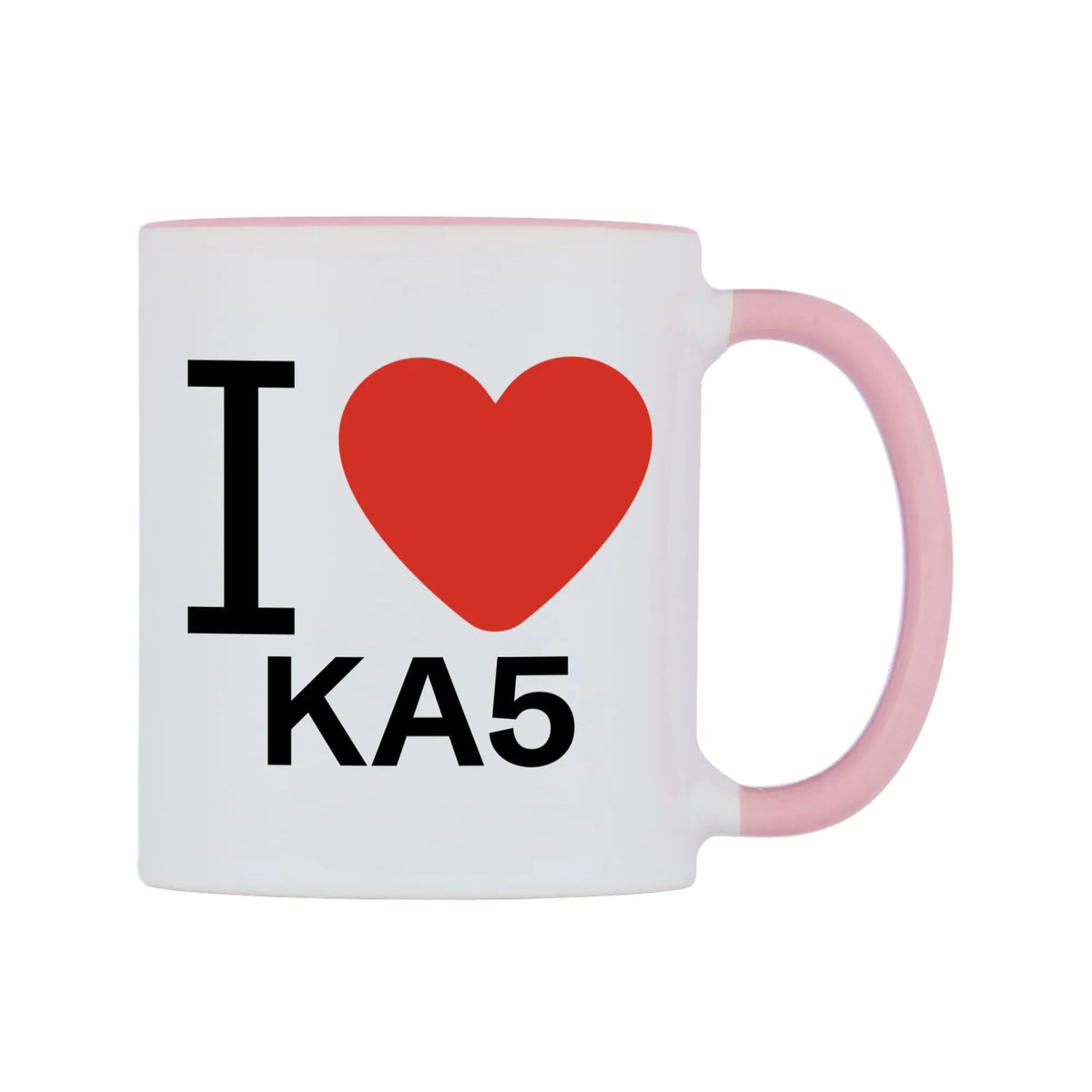 I Love KA5 Mug — white 11oz gloss mug with a pink inside and handle, left side, on a white background