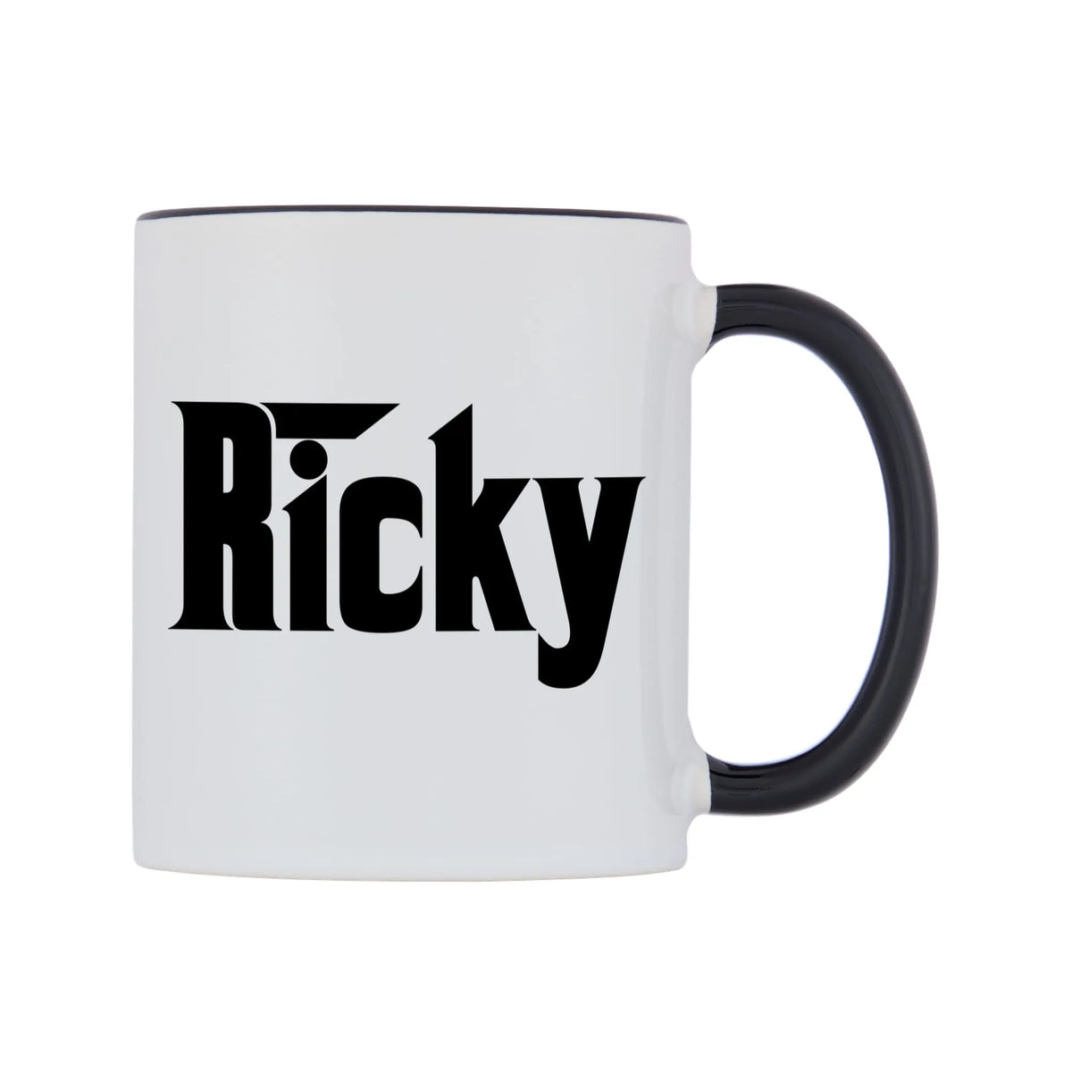 Ricky - Godfather Themed Mug — white 11oz gloss mug with a black inside and handle, left side, on a white background