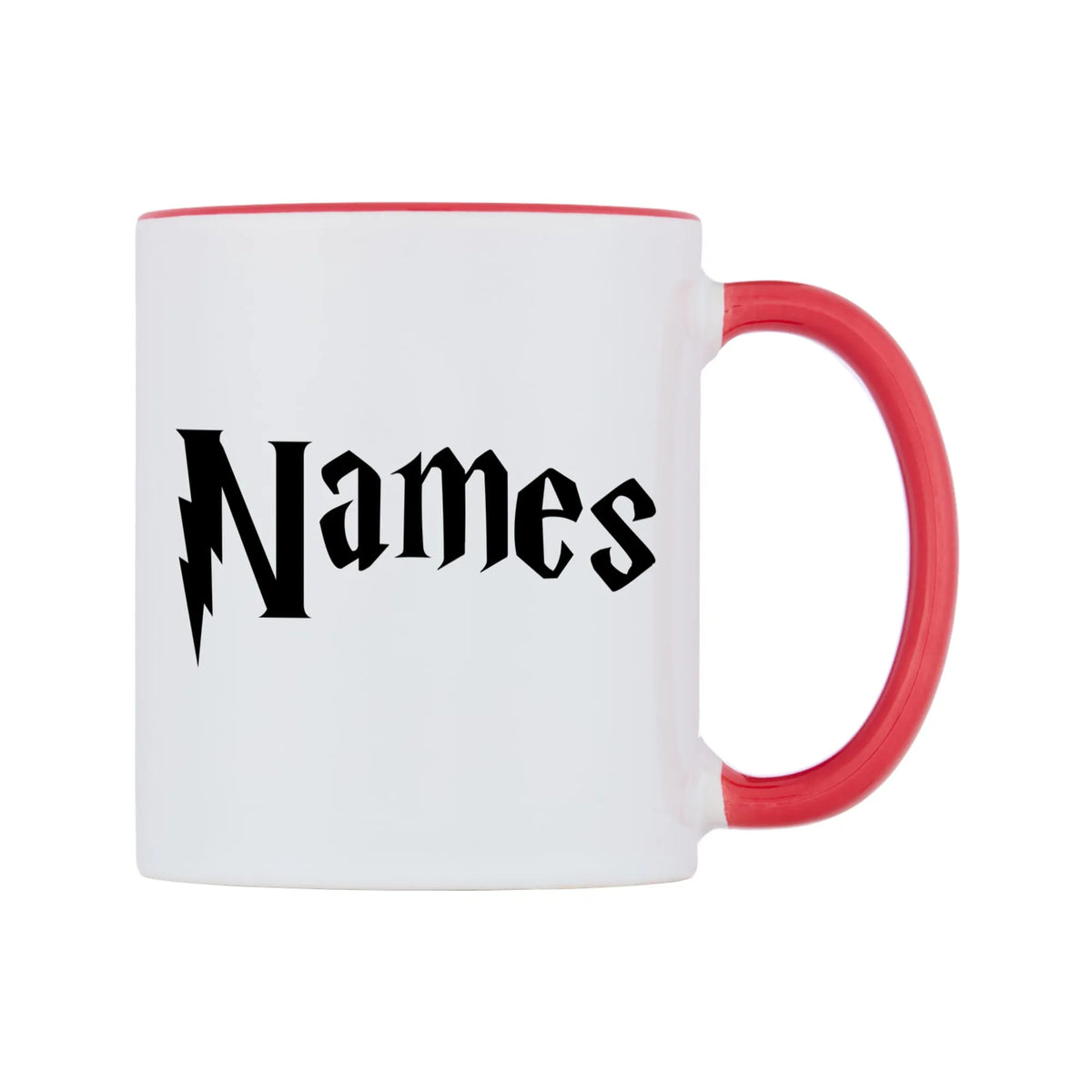 Personlised Wizard Themed Font Name Mug — white 11oz gloss mug with a red inside and handle, left side, on a white background