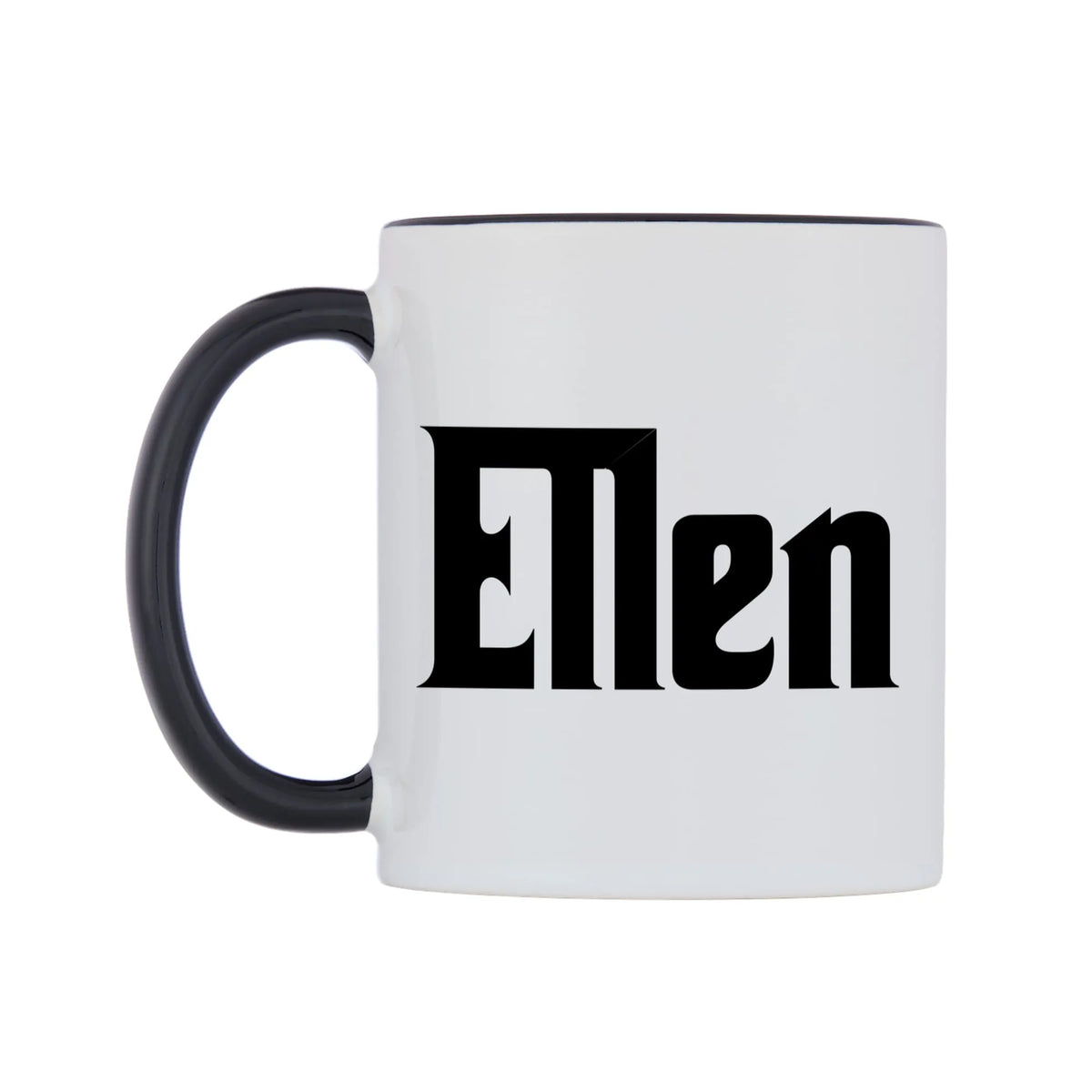 Ellen - Godfather Themed Mug — white 11oz gloss mug with a black inside and handle, right side, on a white background